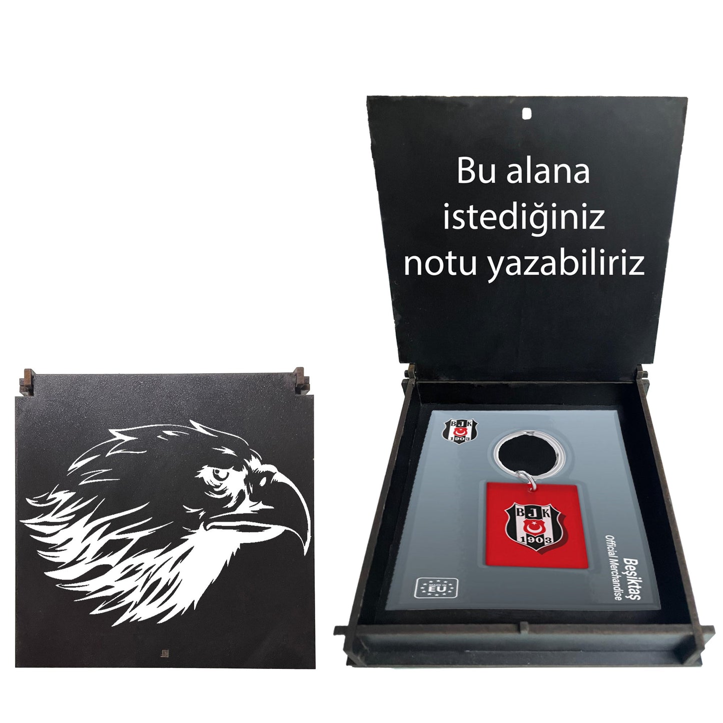 Beşiktaş Lisanslı Kırmızı Logolu Çift Taraflı Çubuklu Anahtarlık Kartal Ahşap Kutulu