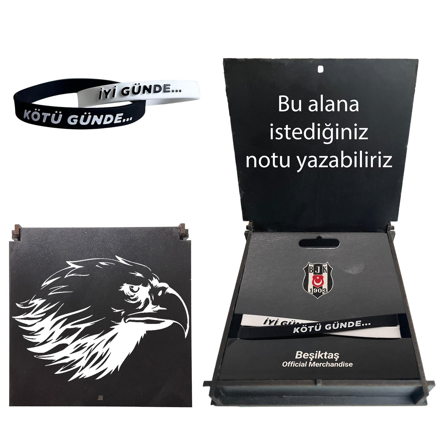 Beşiktaş Lisanslı Bileklik Siyah Kartal Ahşap Kutulu