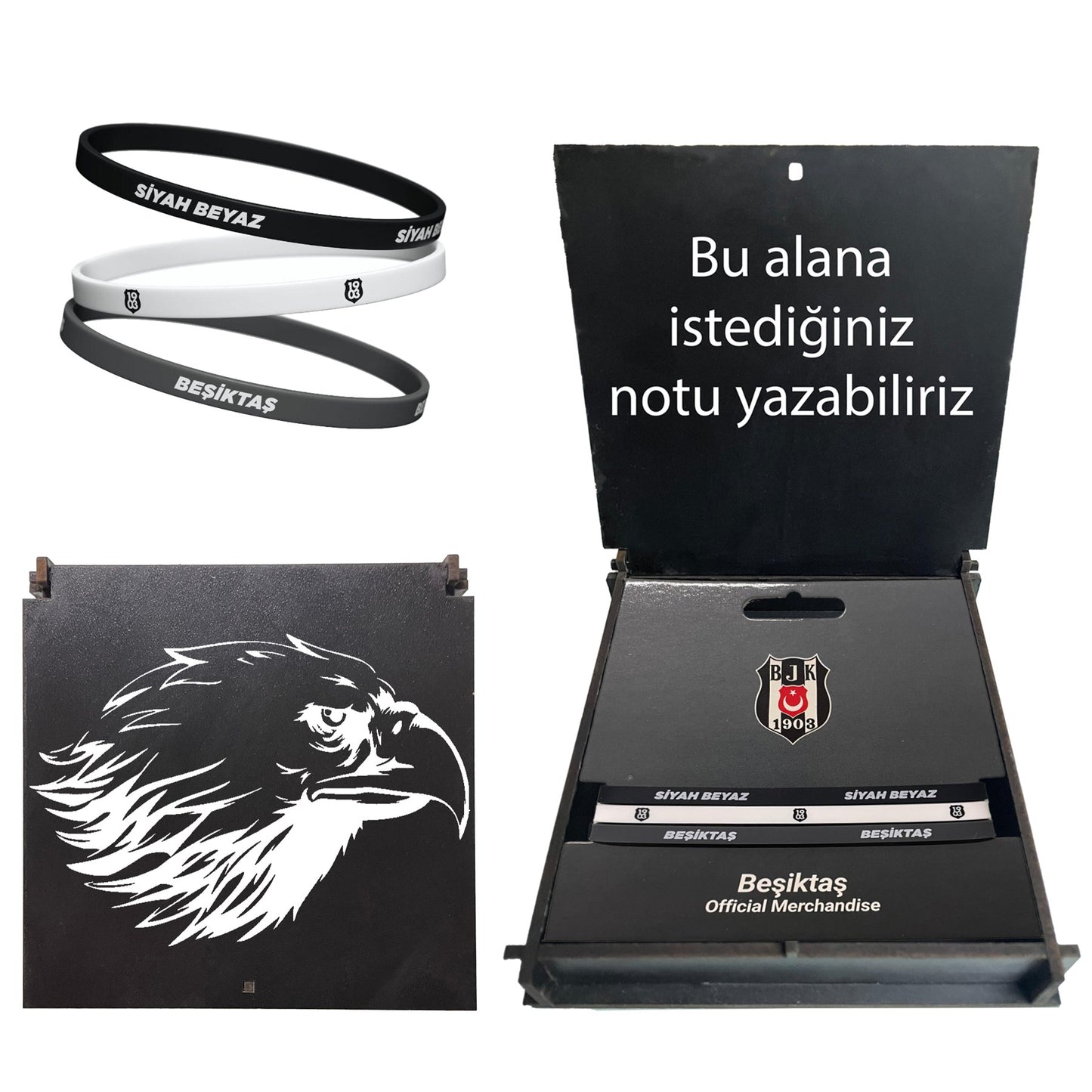 Beşiktaş Lisanslı Siyah Kartal Ahşap Kutulu 3 lü Bileklik