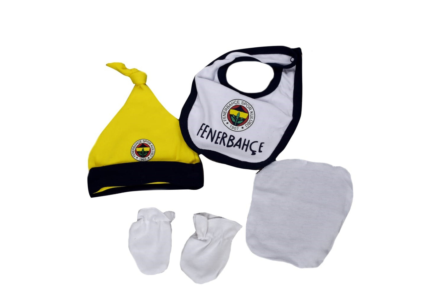 Fenerbahçe Lisanslı 7 parçalı hastane çıkışı ürün seti, orijinal forma ve tişört içeren hediye paketi.