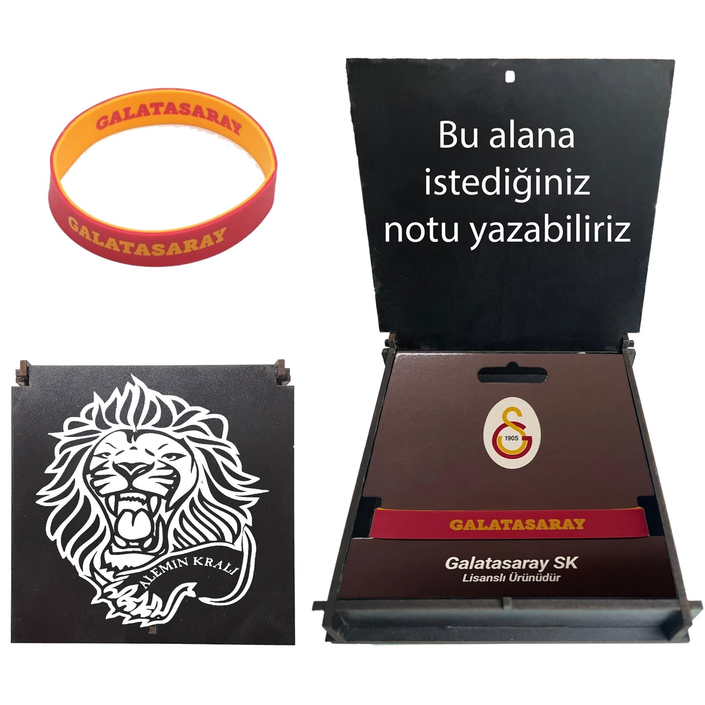 Galatasaray Lisanslı Çift Taraflı Bileklik Hediye Siyah Aslan Ahşap Kutulu