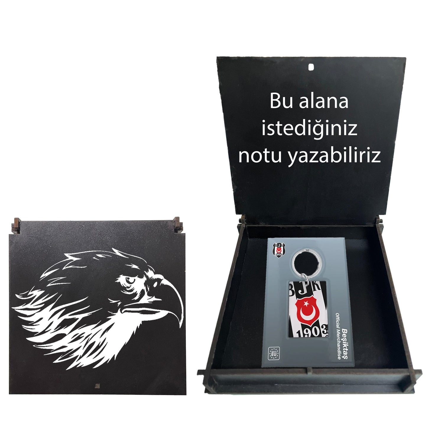Beşiktaş Lisanslı Logolu Çift Taraflı Anahtarlık Kartal Ahşap Kutulu