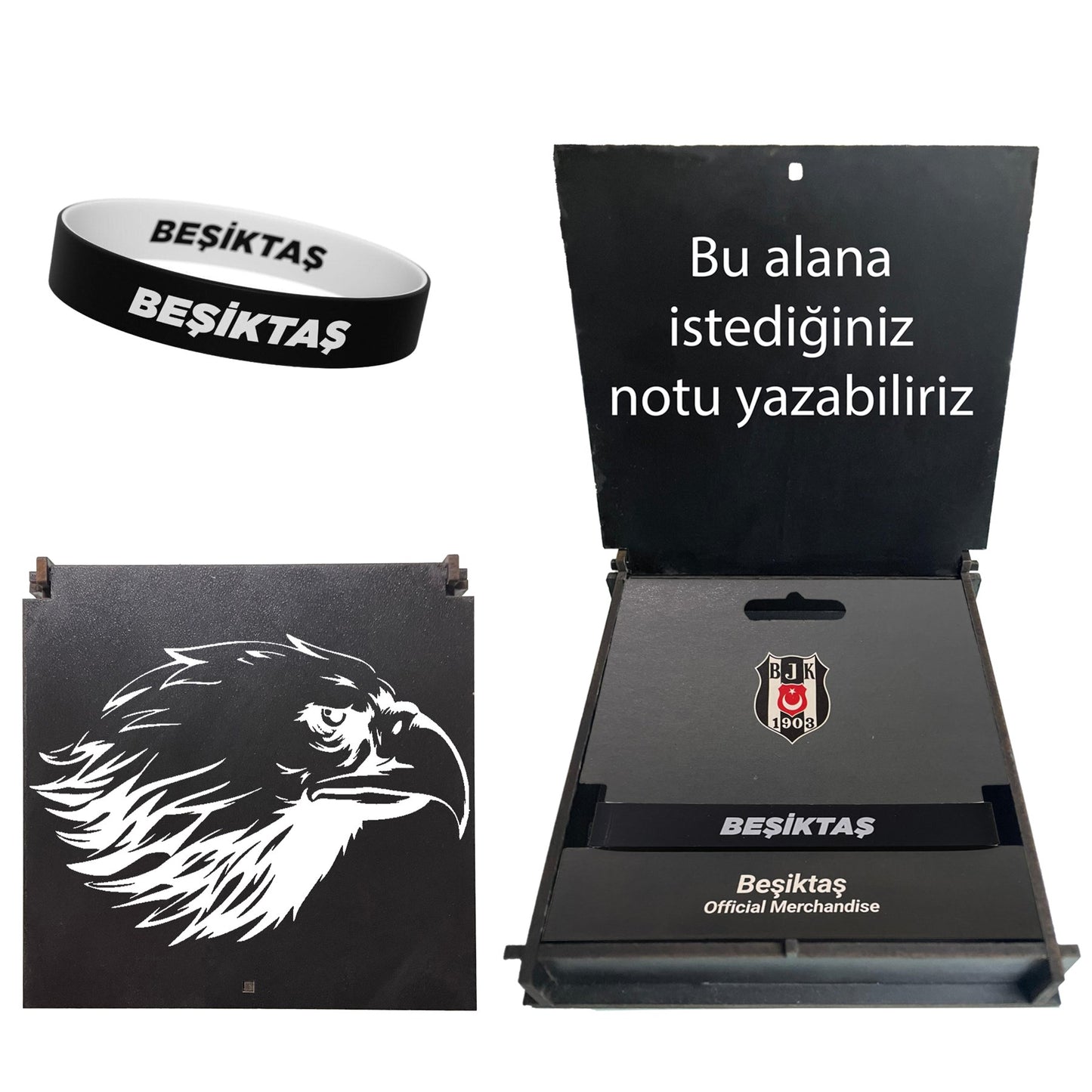 Beşiktaş Lisanslı Çift Taraflı Bileklik Siyah Kartal Ahşap Kutulu