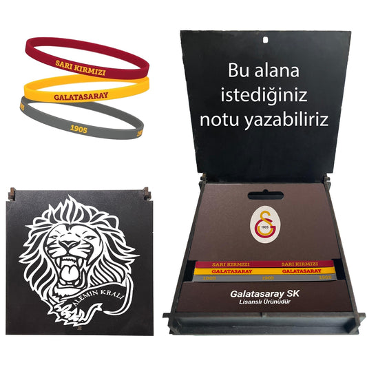 Galatasaray Lisanslı 3'lü Bileklik Hediye Siyah Aslan Ahşap Kutulu
