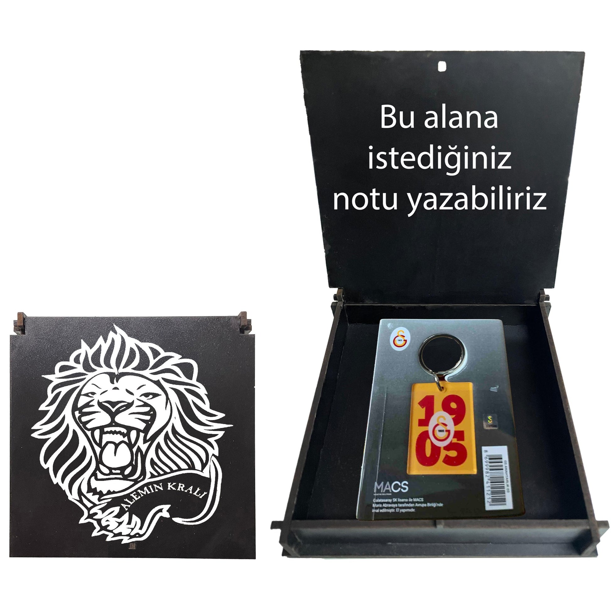 Galatasaray Lisanslı Sarı-Kırmızı Logolu Çift Taraflı Anahtarlık Aslan Ahşap Kutulu