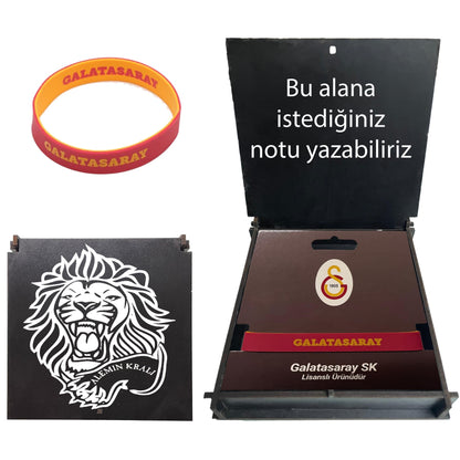 Galatasaray Lisanslı Çift Taraflı Bileklik Hediye Siyah Aslan Ahşap Kutulu