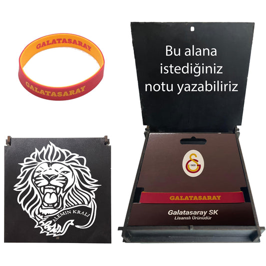 Galatasaray Lisanslı Çift Taraflı Bileklik Hediye Siyah Aslan Ahşap Kutulu