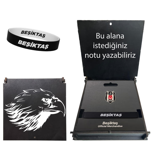 Beşiktaş Lisanslı Çift Taraflı Bileklik Siyah Kartal Ahşap Kutulu