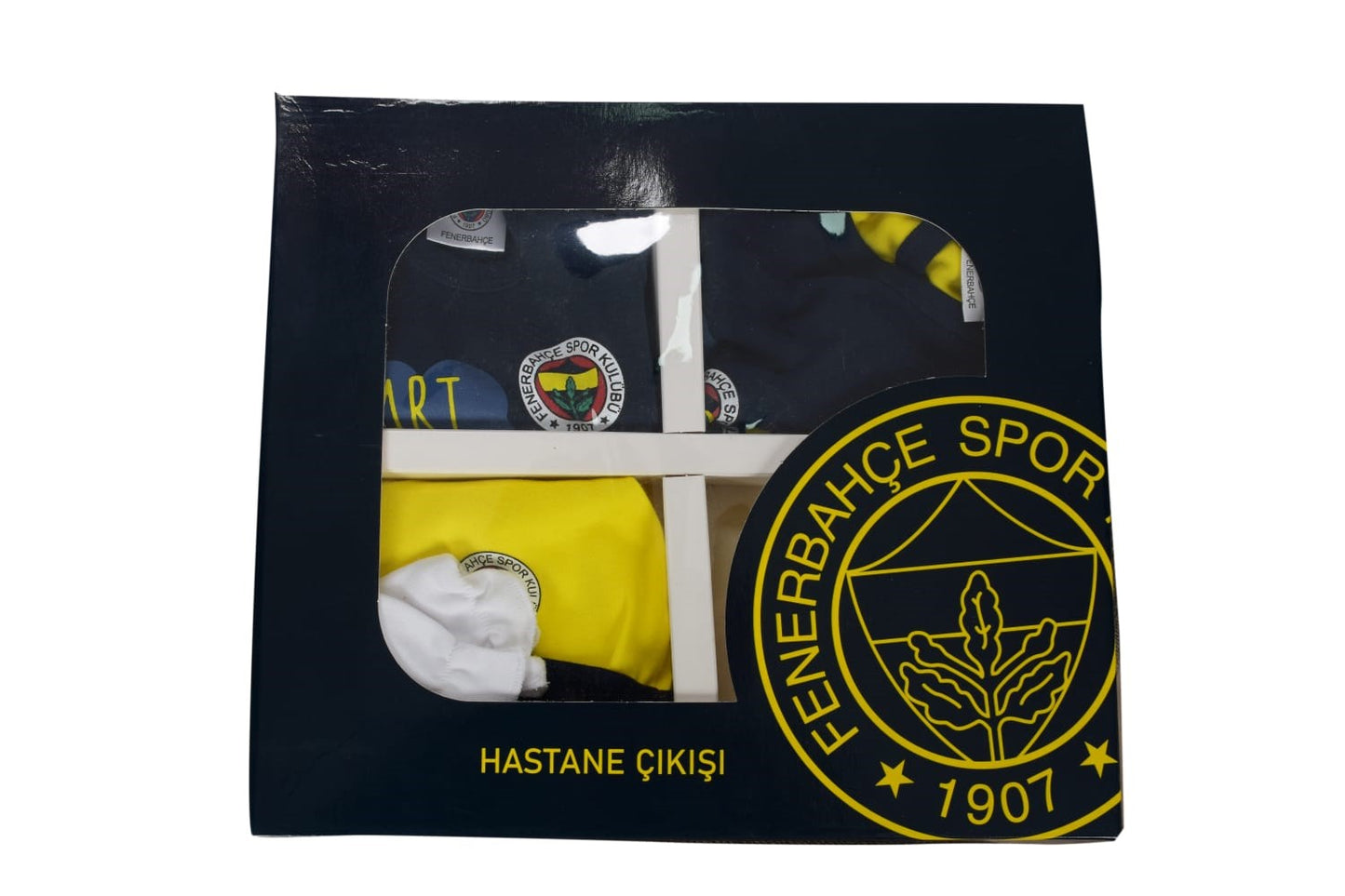 Fenerbahçe lisanslı hastane çıkışı hediye paketi, orijinal tişört ve forma seti, 7 parça, sarı-lacivert.
